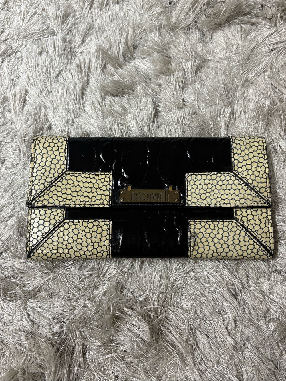 Just Cavalli leather wallet Black and Cream Envelope Clutch